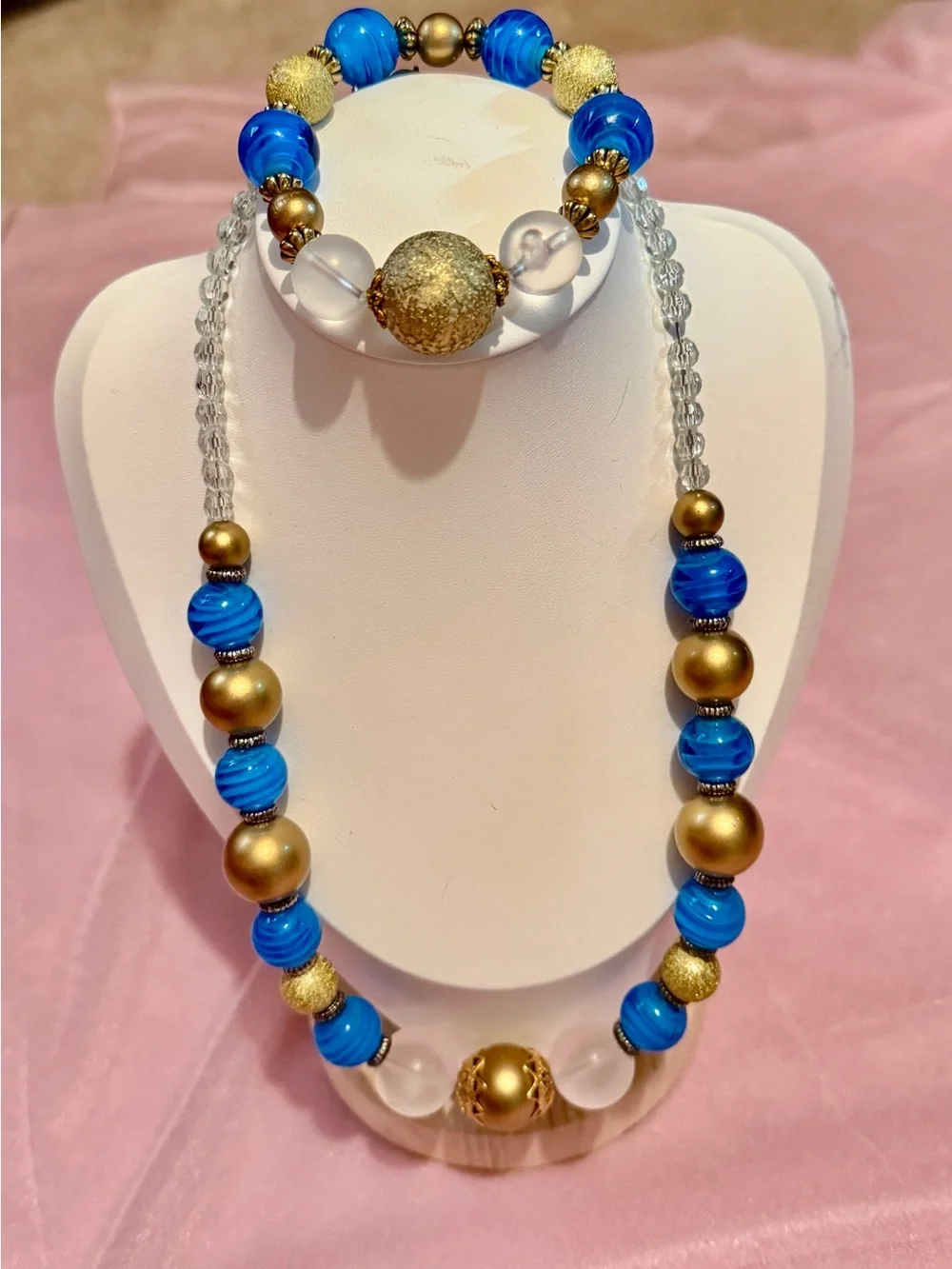 Handmade Blue Gold Beaded Statement Necklace & Bracelet Jewelry Set BTJ